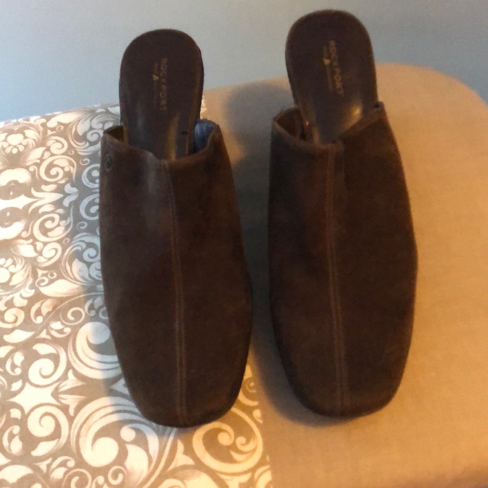 Brown suede Rockport Slip on Mule wedge